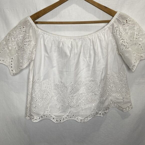 SMELL THE ROSES Blouse Cropped Embroidered Eyelet Off Shoulder Womens M White - Picture 3 of 9